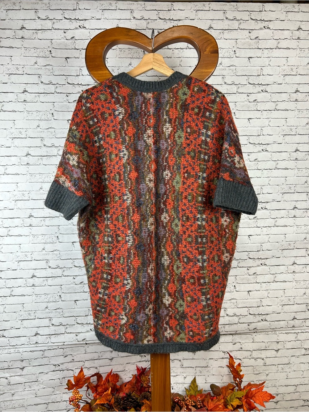 Peruvian Connection | Rust Multi Open-Front Cardigan with Charcoal Trim size XS - Picture 3 of 5